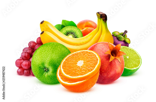 Assortment of exotic fruits isolated on white background with clipping path