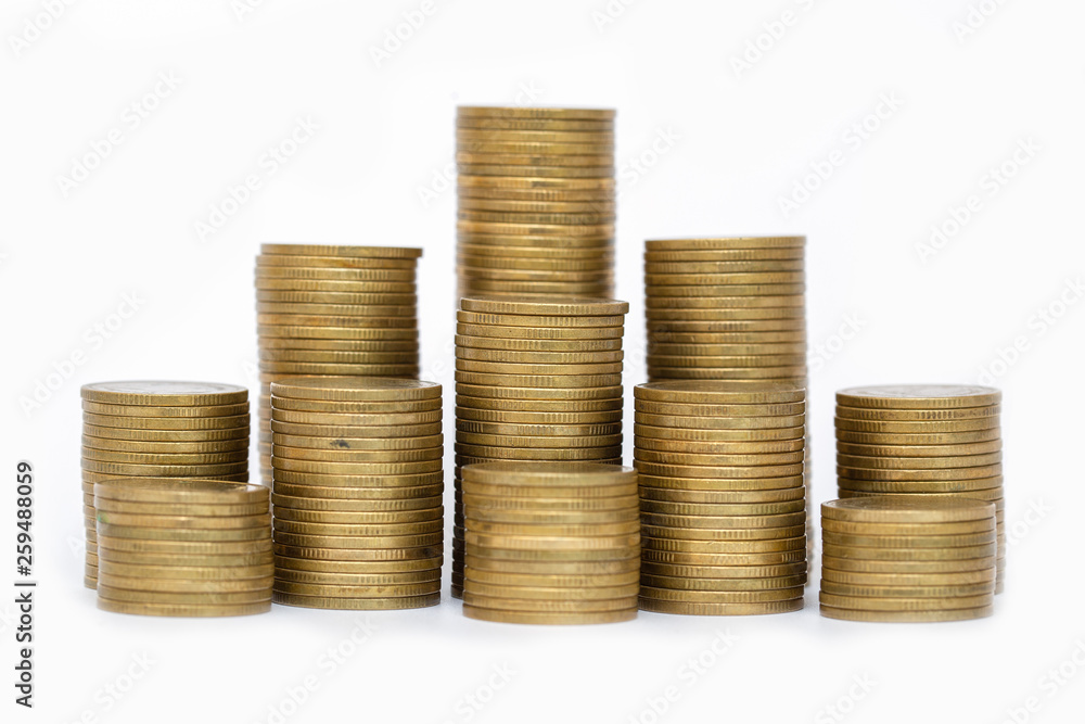 Saving money concept, coin stack growing business, save money for investment. White background