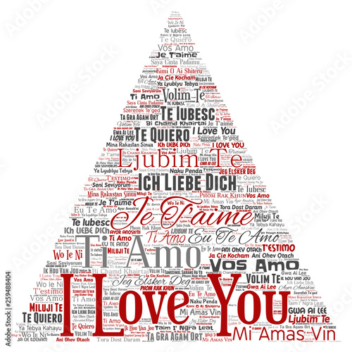 Vector conceptual sweet romantic I love you multilingual message triangle arrow word cloud isolated background. Collage of valentine day, romance affection,  happy emotion or passion lovely concept