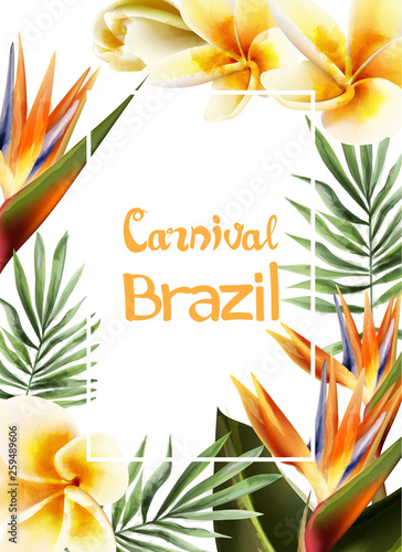 Tropic yellow flowers exotic frame Vector watercolor. Brazil carnival festiva...