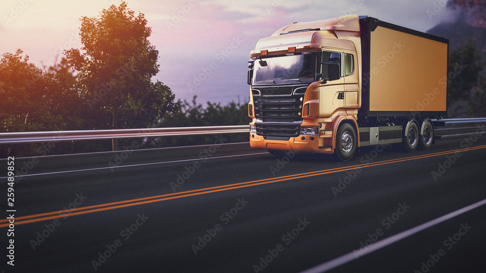 Truck on the road. 3d render and illustration.