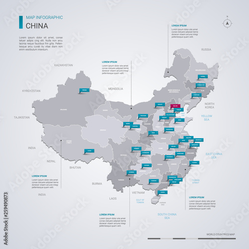 China vector map with infographic elements, pointer marks.