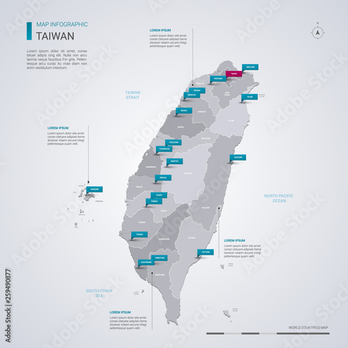 Taiwan vector map with infographic elements, pointer marks.