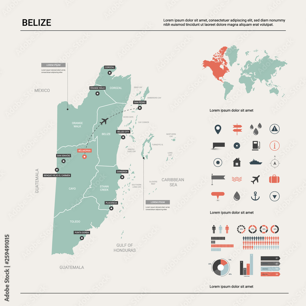 Vector map of  Belize.  High detailed country map with division, cities and capital Belmopan. Political map,  world map, infographic elements.