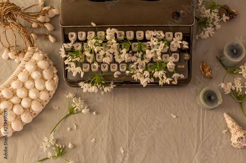 Spring or summer writing concept. Vintage typerwriter with flowers between keys photo