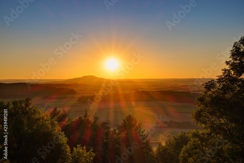 Sunset over Hesselberg mountain, view of Hahnenkamm from Schloss Spielberg, Franconian Jura, Middle Franconia, Franconia, Bavaria, Germany, Europe photo