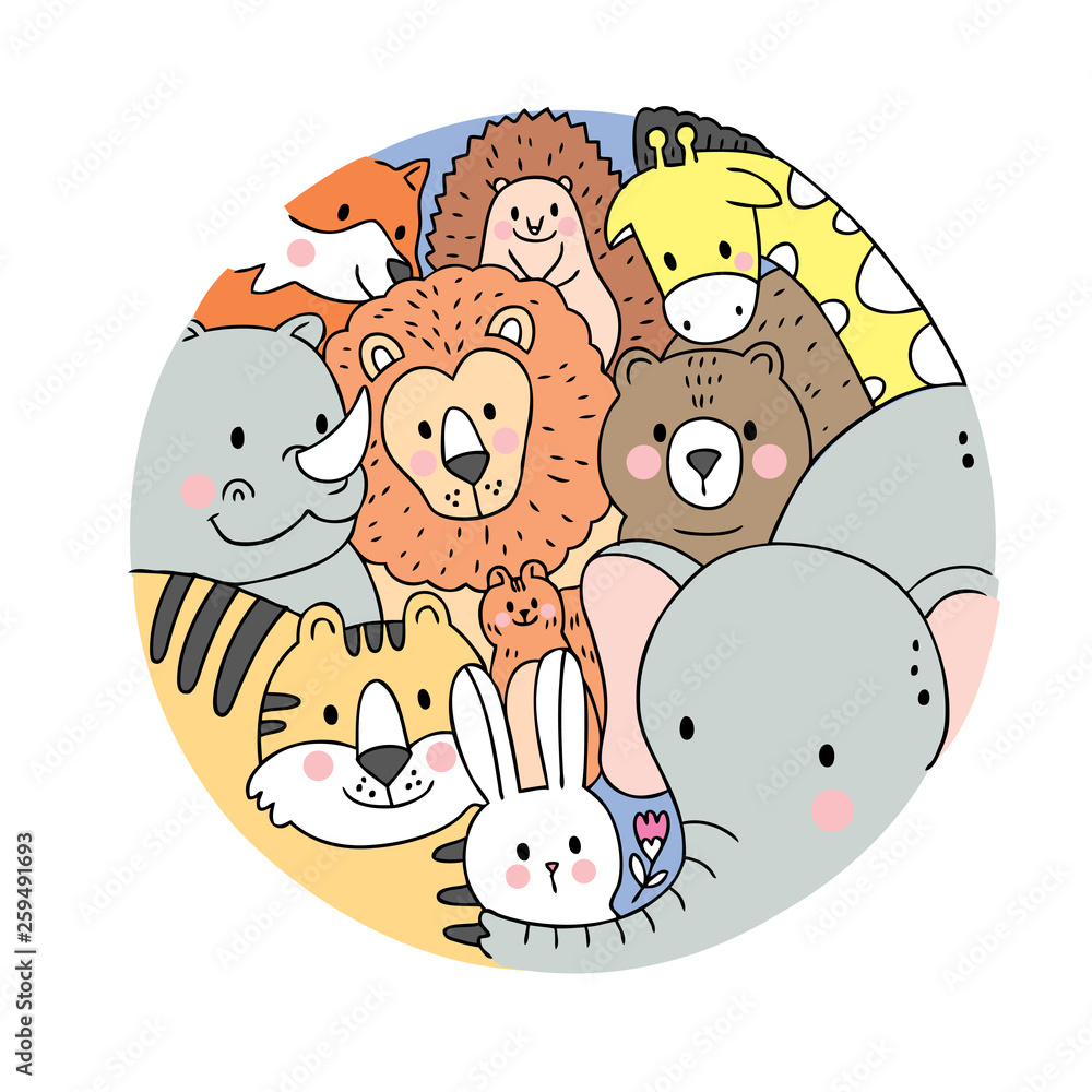Cartoon cute face wildlife animals vector. Doodle circle frame. Cartoon cute face wildlife animals vector. Doodle circle frame.