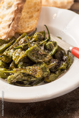 Green Padron Peppers with Crisp Bread in Rustic White Plate. Pimientos de Padrón.