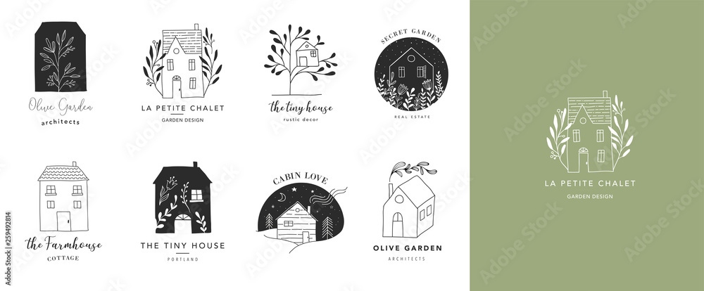 Collection of the hand drawn home, house logos, icons, gardens and cabins. Vector illustrations Collection of the hand drawn home, house logos, icons, gardens and cabins. Vector illustrations