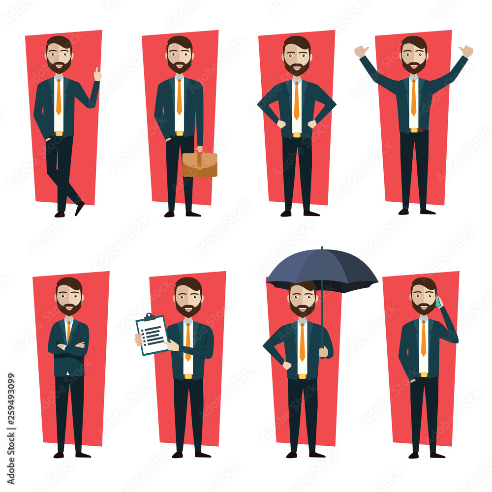 Businessman character creation set. Showing different gestures character vector design. Self confident businessman in different poses. Build your own design. Flat style infographic illustration. Businessman character creation set. Showing different gestures character vector design. Self confident businessman in different poses. Build your own design. Flat style infographic illustration.