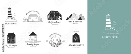 Collection of the hand drawn home, house logos, icons, gardens and cabins. Vector illustrations