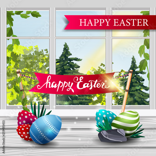 Happy Easter, postcard with spring landscape from the window of the house, Easter eggs and flag