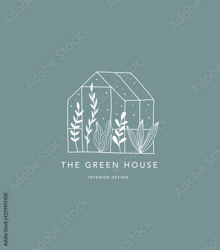 Hand drawn home, green house logo, icon
