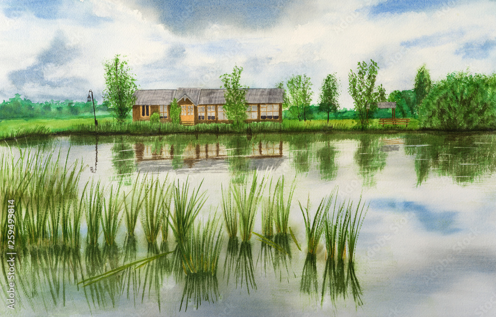 Hand-drawn illustration of house by the pond Hand-drawn illustration of house by the pond