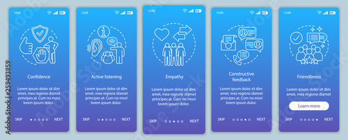 Communication skills onboarding mobile app page screen vector te
