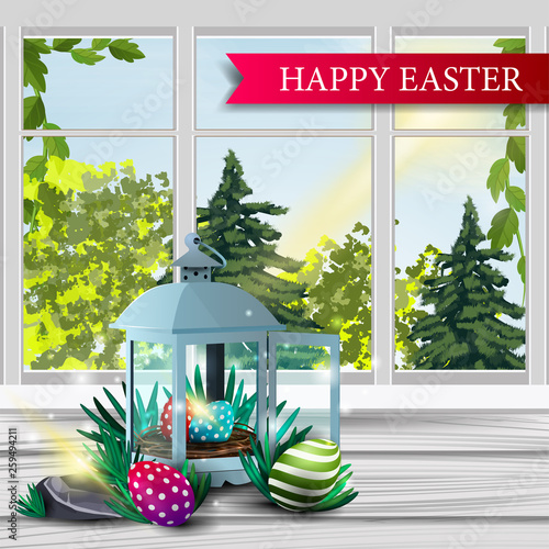 Happy Easter, postcard with spring landscape from the window of the house and antique lantern with Easter eggs