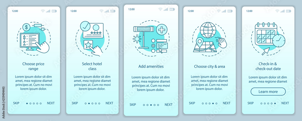 Hotel booking onboarding mobile app page screen vector template Hotel booking onboarding mobile app page screen vector template