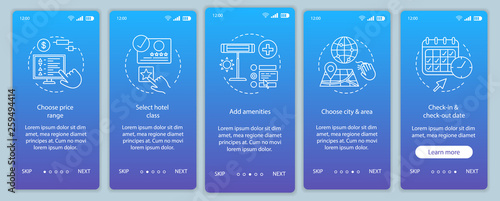Hotel room booking onboarding mobile app page screen vector template