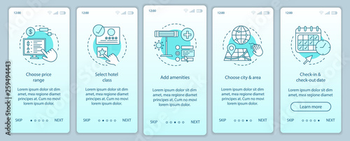 Hotel booking onboarding mobile app page screen vector template