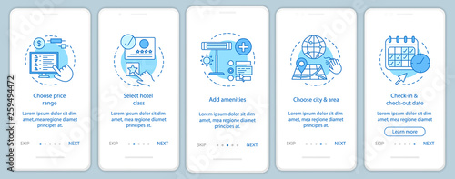Hotel room booking onboarding mobile app page screen vector template