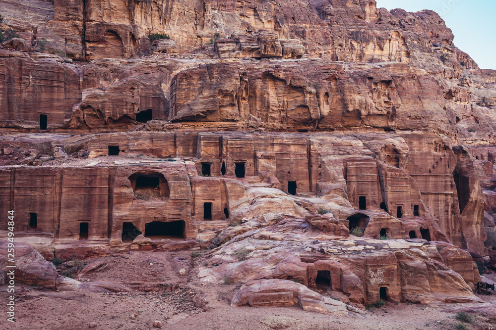 Nabatean tombs seen from so called Facades Street in ancient Petra city in Jordan