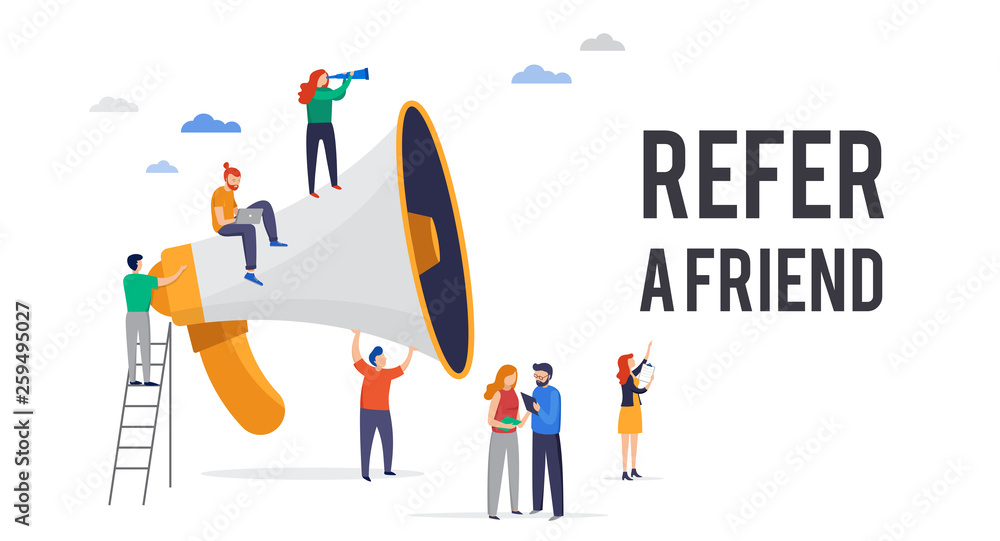 Refer a friend illustration. Big megaphone with a team work. Concept media for landing page, template, user interface UI, website Refer a friend illustration. Big megaphone with a team work. Concept media for landing page, template, user interface UI, website