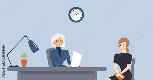 HR, interview, talking with a job applicant. Elderly female recruiter holds a corporate meeting with young woman as a candidate to be hired, ask. Office interior.Vector flat style cartoon illustration