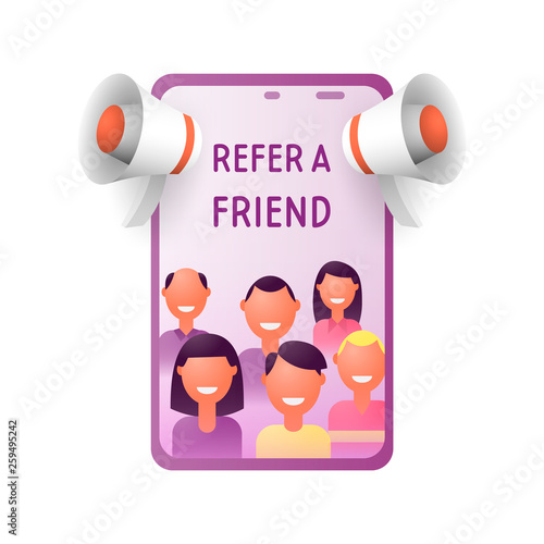 Refer a friend concept. People shout in a megaphone with the word friend. Friend Sharing Referral Code. Vector illustration.