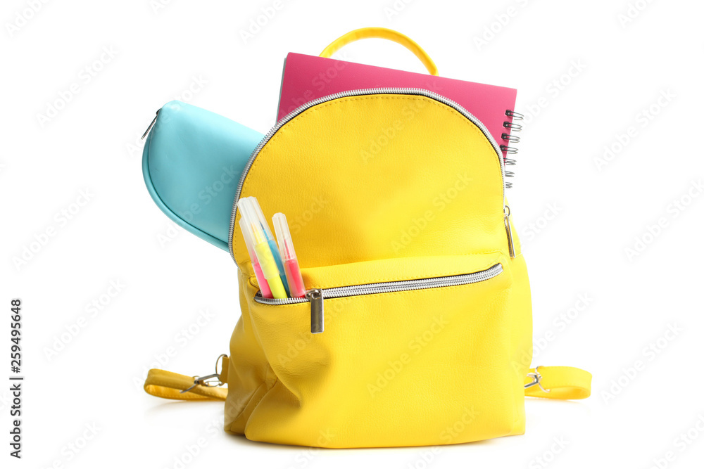 yellow backpack with different school supplies - obrazy, fototapety, plakaty 