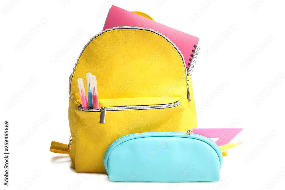 yellow backpack with different school supplies - obrazy, fototapety, plakaty 