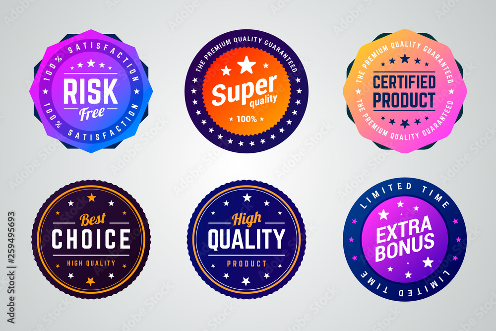 Obraz premium Set of colorful vector badges. Risk free, super quality, certified product, best choice, high quality and extra bonus badges. 