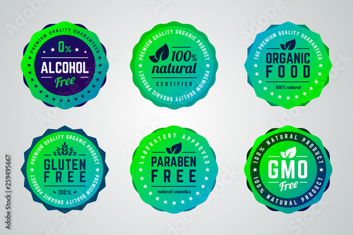 Set of round gradient vector badges. Alcohol free, organic product, 100 percents natural, premium quality, organic food, gluten, gmo, paraben free.