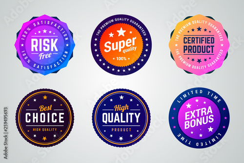Set of colorful vector badges. Risk free, super quality, certified product, best choice, high quality and extra bonus badges. 