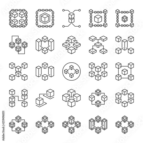 Set of Blockchain Technology abstract outline icons. Block Chain vector concept signs collection in thin line style