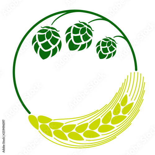 Vector illustration. Isolated round frame, wreath with a hop branch and barley on background. Decorative design element for beer menu, page and bottle decoration.