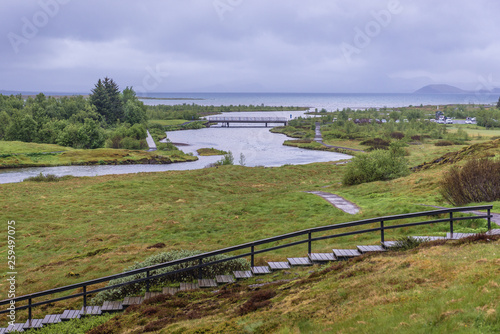 River Oxara and Thingvallavatn Lake in Thingvellir Park in Iceland