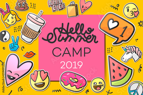 Summer Camp 2019 for kids creative and colorful poster with emoticon stickers, vector illustration