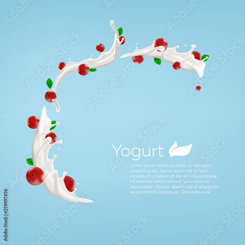 Whole milk yogurt swirl background design with fruits and berrys, commercial vector advertising mock-up realistic illustration