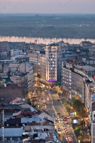 Belgrade, Serbia March 31, 2019: Aerial Shot of Terazije square and Palace of Albania in the central town and the surrounding neighborhood of Belgrade. It is located in the municipality of Stari Grad.