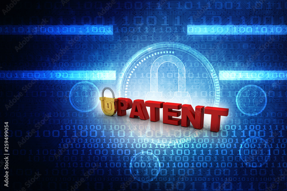 3d illustration Safety concept: Closed Padlock with patent 3d illustration Safety concept: Closed Padlock with patent