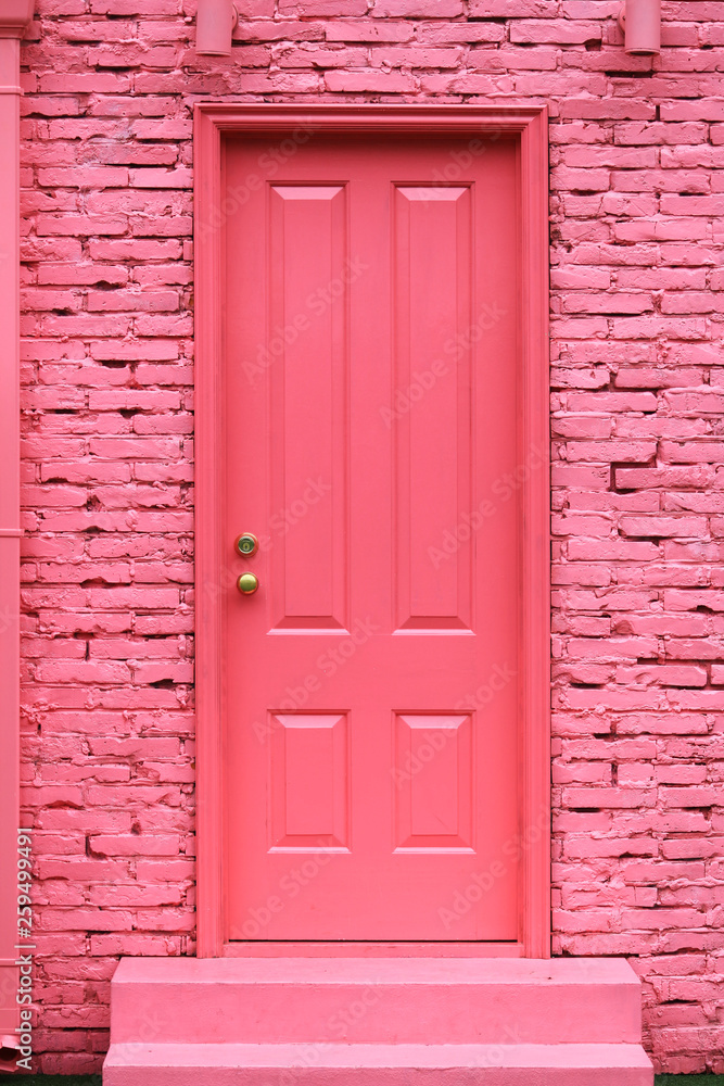 Pink painted door and brick wall