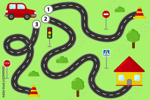 Maze road game for preschool kids. Help the car find right path to the house.