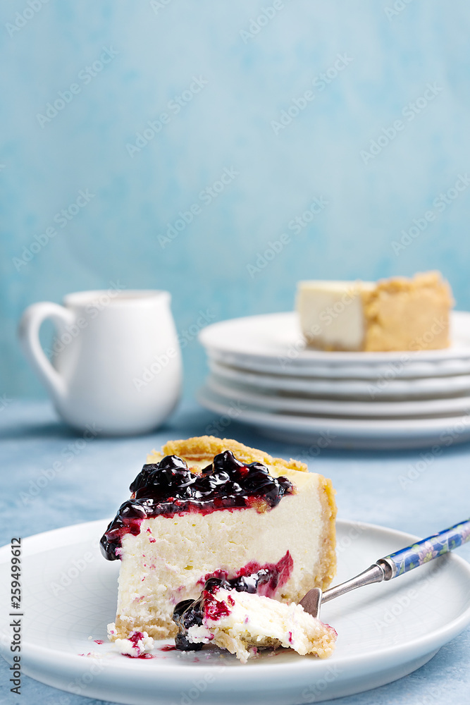 Cheesecake slice. Berry topping. Close view. Copy space. Cheesecake slice. Berry topping. Close view. Copy space.