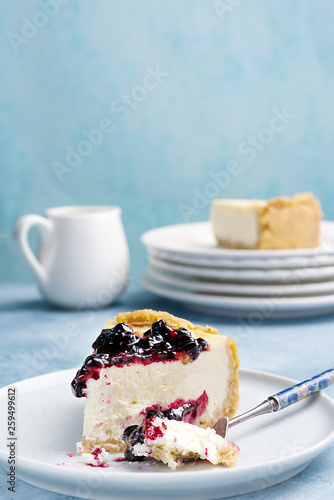 Cheesecake slice. Berry topping. Close view. Copy space.
