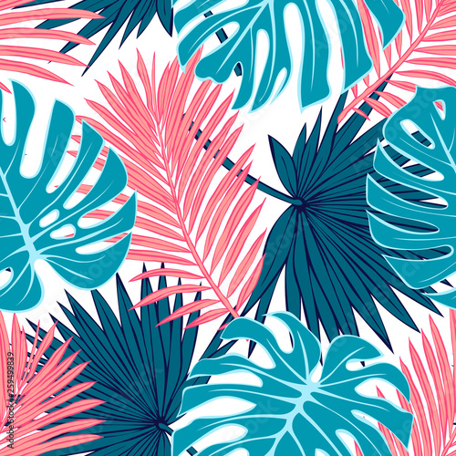 Seamless pattern of tropical leaves. Vector seamless pattern. Tropical illustration. Jungle foliage.