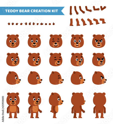 Cartoon teddy bear creation set. Various gestures, emotions, diverse poses, views. Create your own pose, animation. Flat design vector illustration
