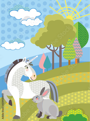 Fototapeta Naklejka Na Ścianę i Meble -  Vector cartoon unicorn and rabbit