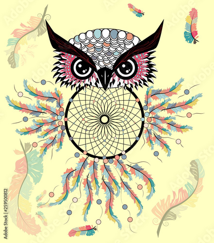decorative dream catcher in graphic style with owl skull