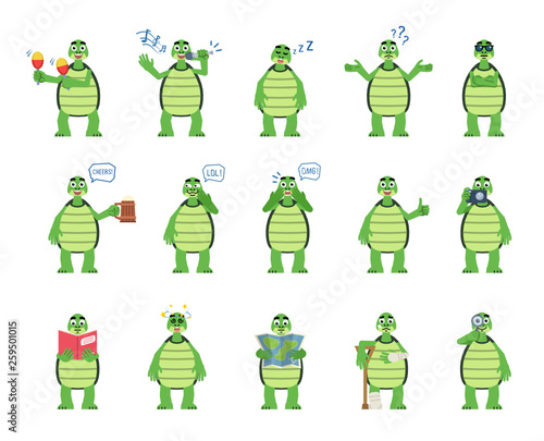 Set of cartoon turtle characters showing diverse actions, emotions. Funny turtle celebrating, sleeping, laughing, holding map, book, photo camera and doing other actions. Simple vector illustration