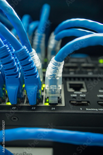 фотографія Cables connected with internet switch at data center, information technology Com